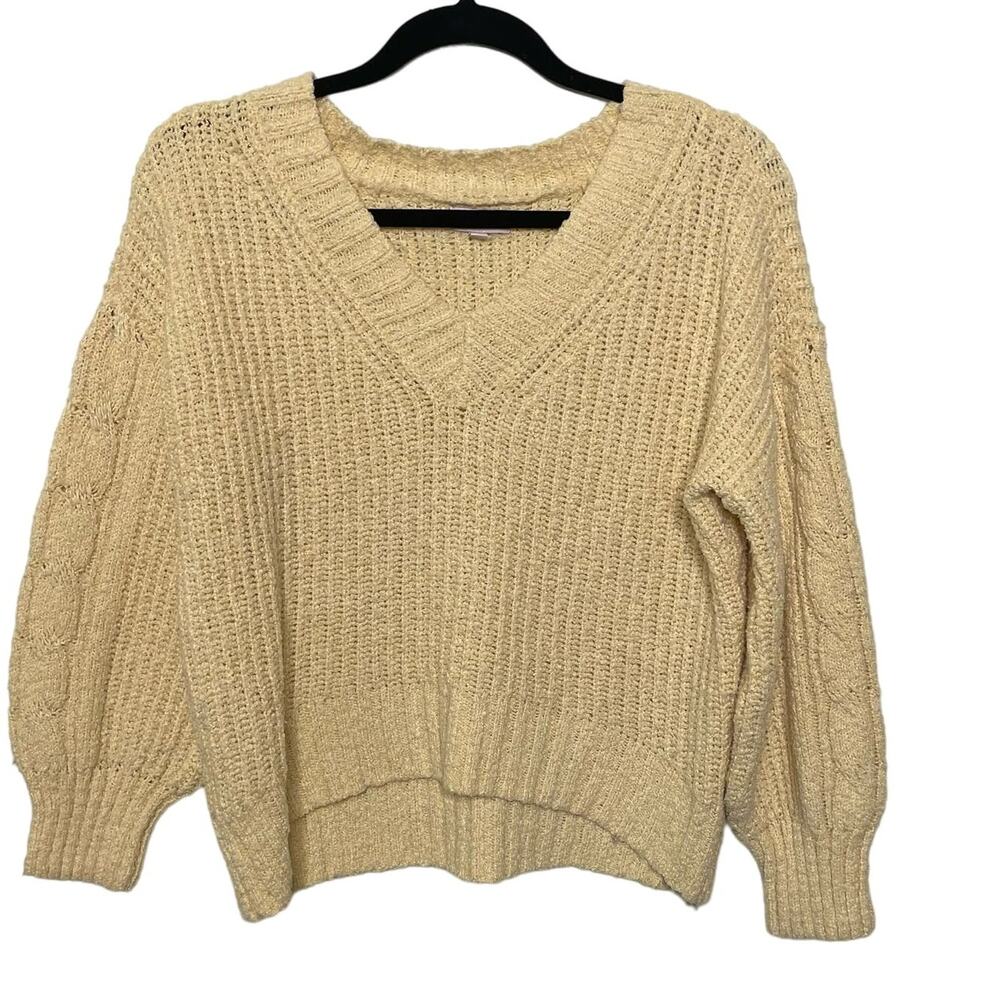 So Pullover Sweater Cable Knit Hi-Low Cropped Long Sleeve Butter Yellow Junior M